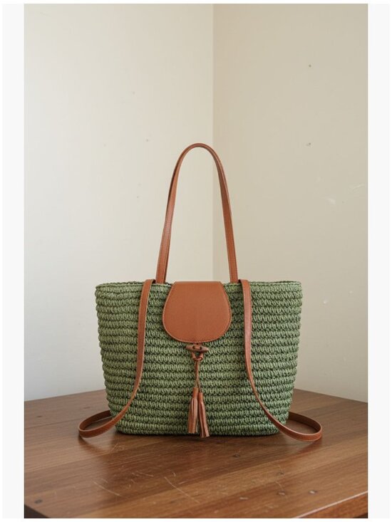 Handbags - Hand-woven Straw Shoulder Bag Large Woven Beach Tote Purse with Tassel